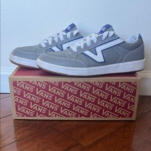 Vans Gray and White Low-Top Sneakers with Blue Accents